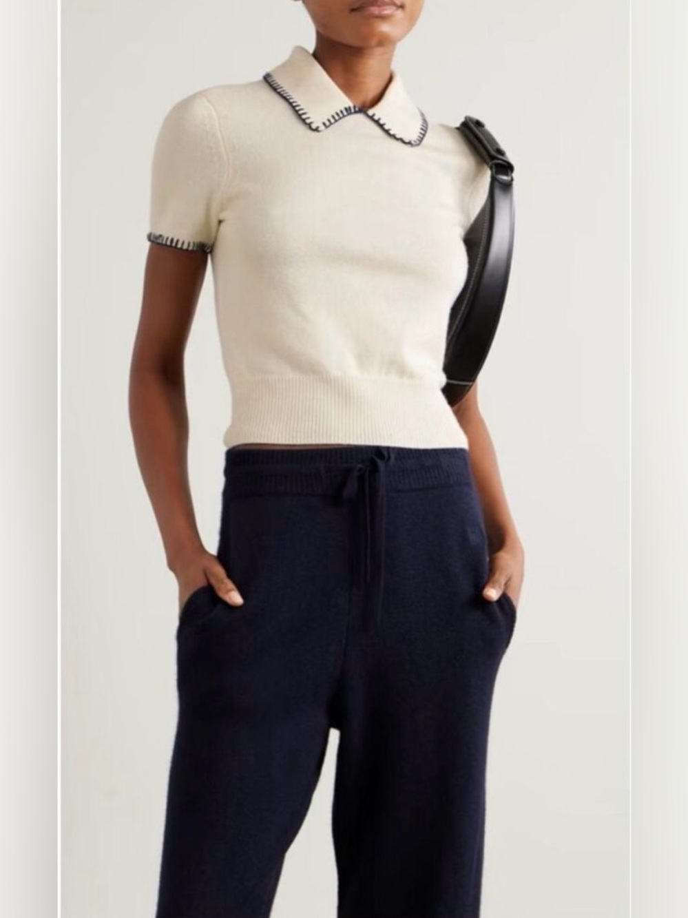 Staud MEDIUM Windsor wool blend whipstitch collared short sleeve knit top -ivory